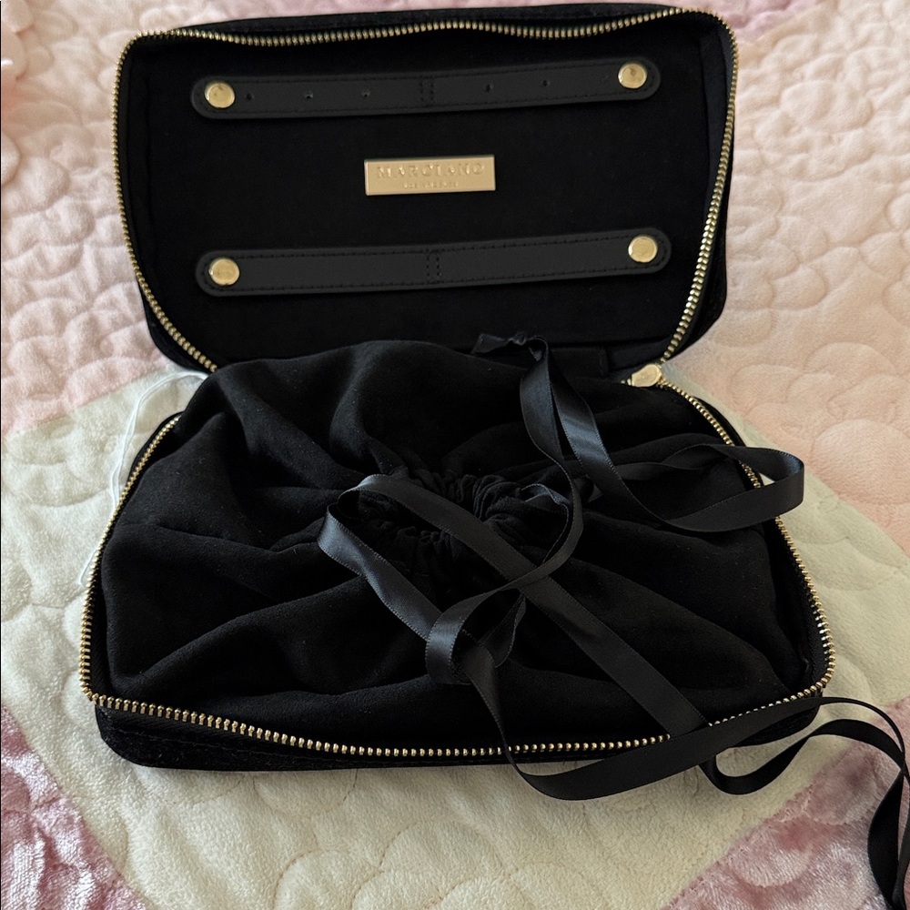 Marciano Los Angeles Elegant Black Velvet Jewelry Cosmetic Bag with Gold Accents